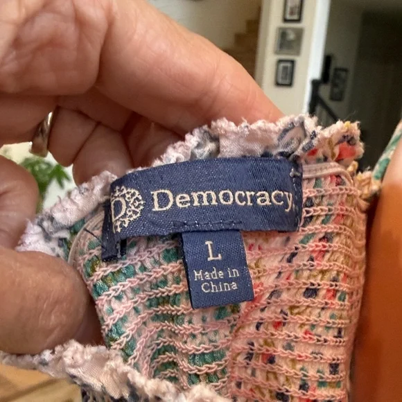 Democracy Patchwork Square-Neck Peasant Top in Pink, Green, Yellow, White - Picture 6 of 6